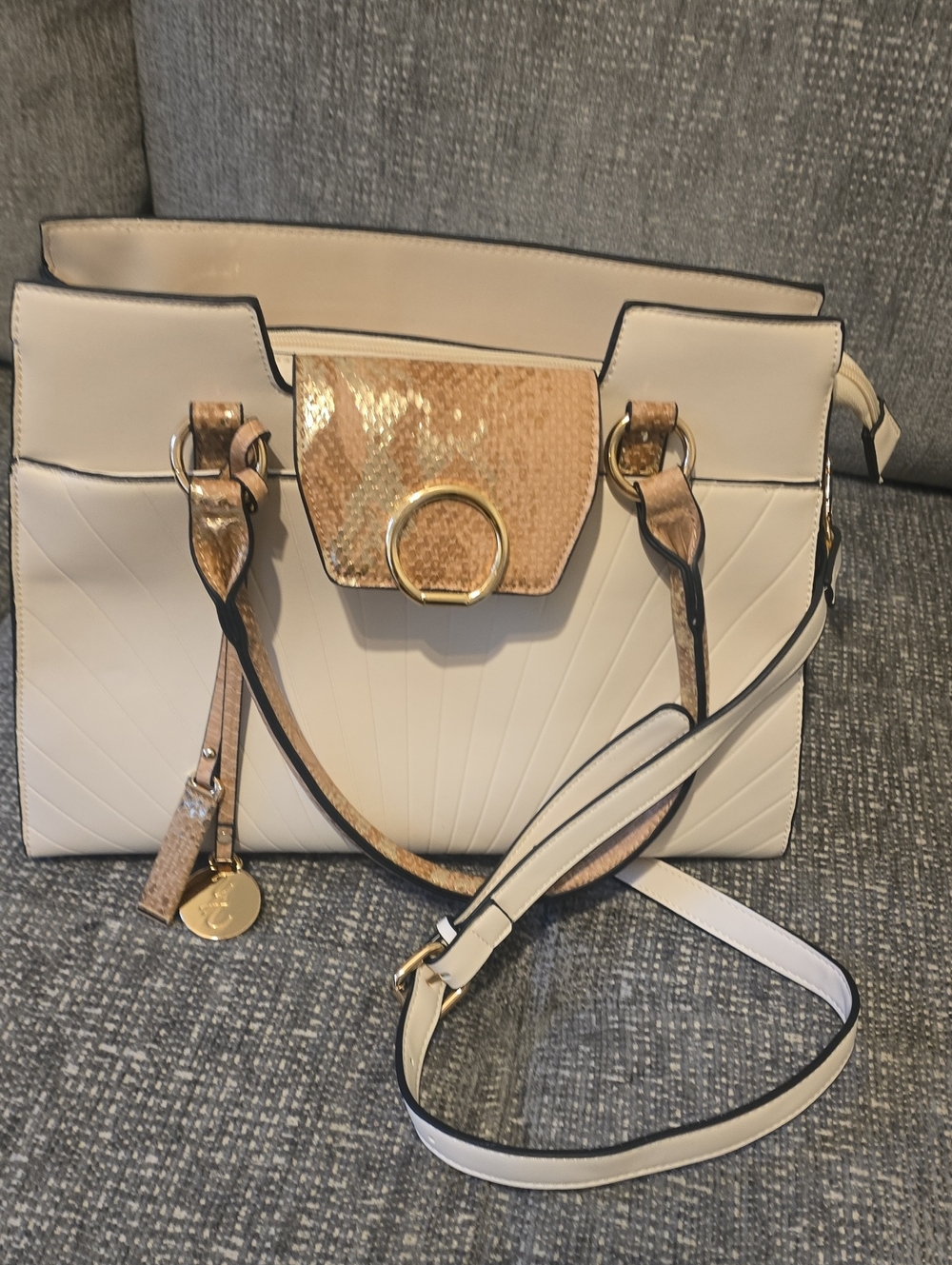 Cream Shoulder Bag with Gold Ring and Tan Accents